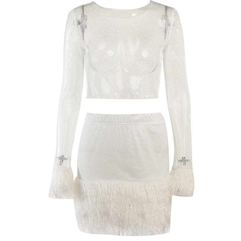 Knitted Round Neck Furry Long-sleeved Top Skirt Winter Skirt