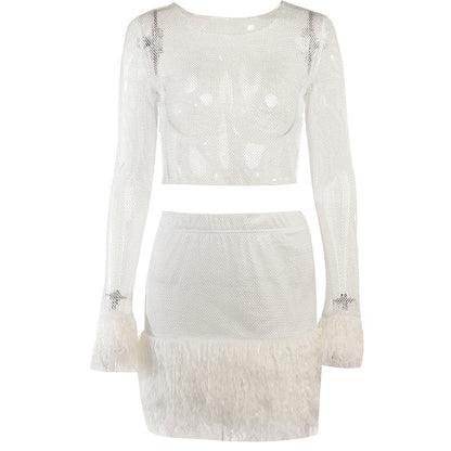 Knitted Round Neck Furry Long-sleeved Top Skirt Winter Skirt