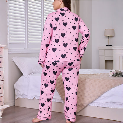Women's Large Size Heart Cardigan Lapel Long-sleeved Trousers Pajamas Homewear Suit