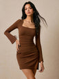 Women's Casual Brown Square-Neck Bodycon Split Dress