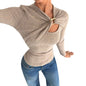 Soft Asymmetric Draped Hollow-out Metal Button Decorated Long Sleeve T-shirt