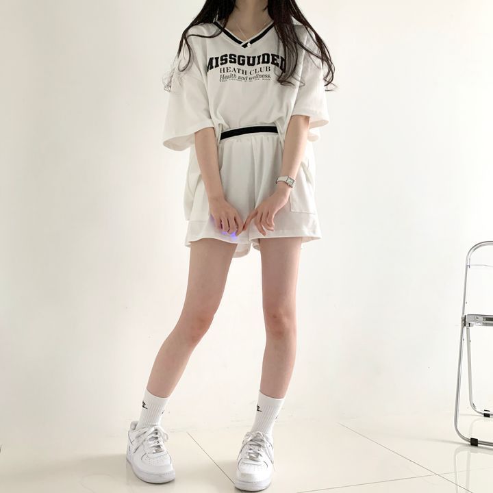 V-neck Women's Short-sleeved Shorts Two-piece Set Solid Color