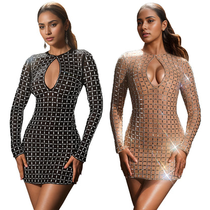 Fashion Women's Wear Sexy Backless Rhinestone Long Sleeve Dress