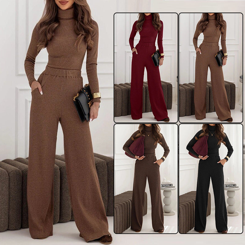 Fashionable And Elegant Set Turtleneck Knitted Pullover Wide-Leg Pants Two-Piece Suit