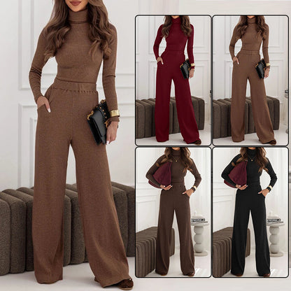 Fashionable And Elegant Set Turtleneck Knitted Pullover Wide-Leg Pants Two-Piece Suit