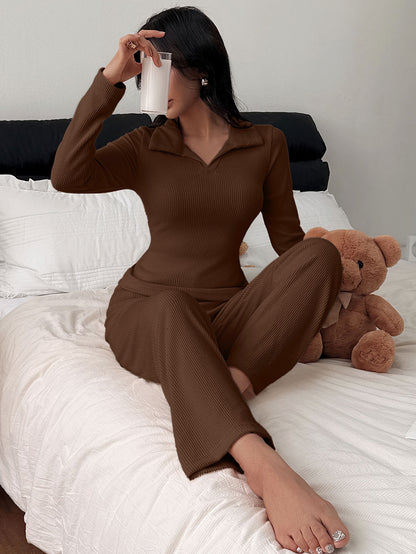 New Knitted Polo Collar Long-sleeved Casual Trousers Pajamas Homewear Suit