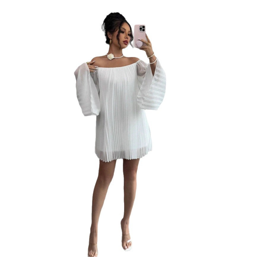 Womens Solid-Color Pleated French-Style Minimalist Off-Shoulder Dress