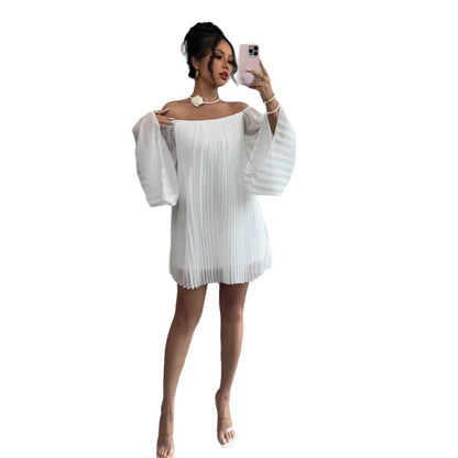 Womens Solid-Color Pleated French-Style Minimalist Off-Shoulder Dress