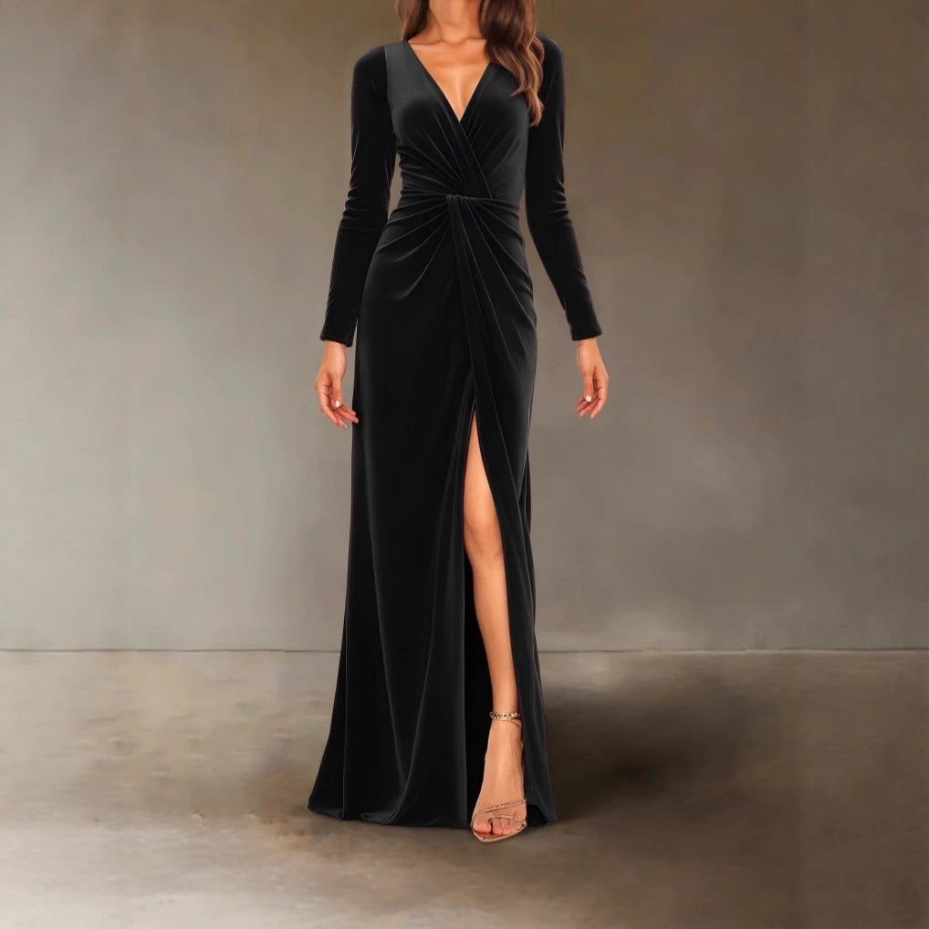 V Neck Pleated Sheath Dress With An Elegant Slit And A Figure Hugging Fit