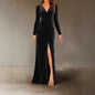 V Neck Pleated Sheath Dress With An Elegant Slit And A Figure Hugging Fit