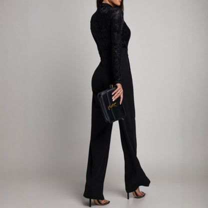 Womens SpringAutumn Lace-Panel Long-Sleeve Jumpsuit