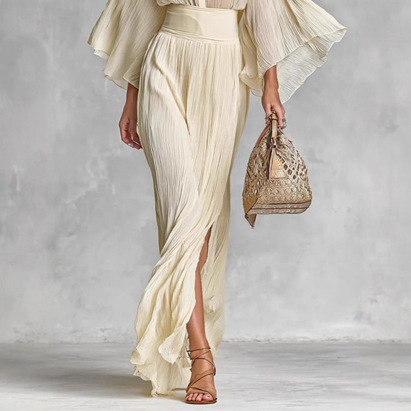 Pleated Wide-sleeve Shirt And Maxi Skirt Two-piece Women's Set