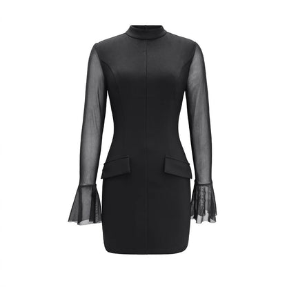 Women's Solid Color Semi-sheer Long-sleeve High-neck Fitted Dress
