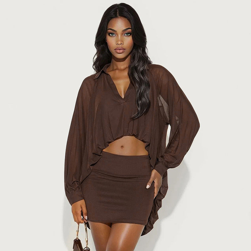 Mesh Bubble Hem Shirt Dress Set