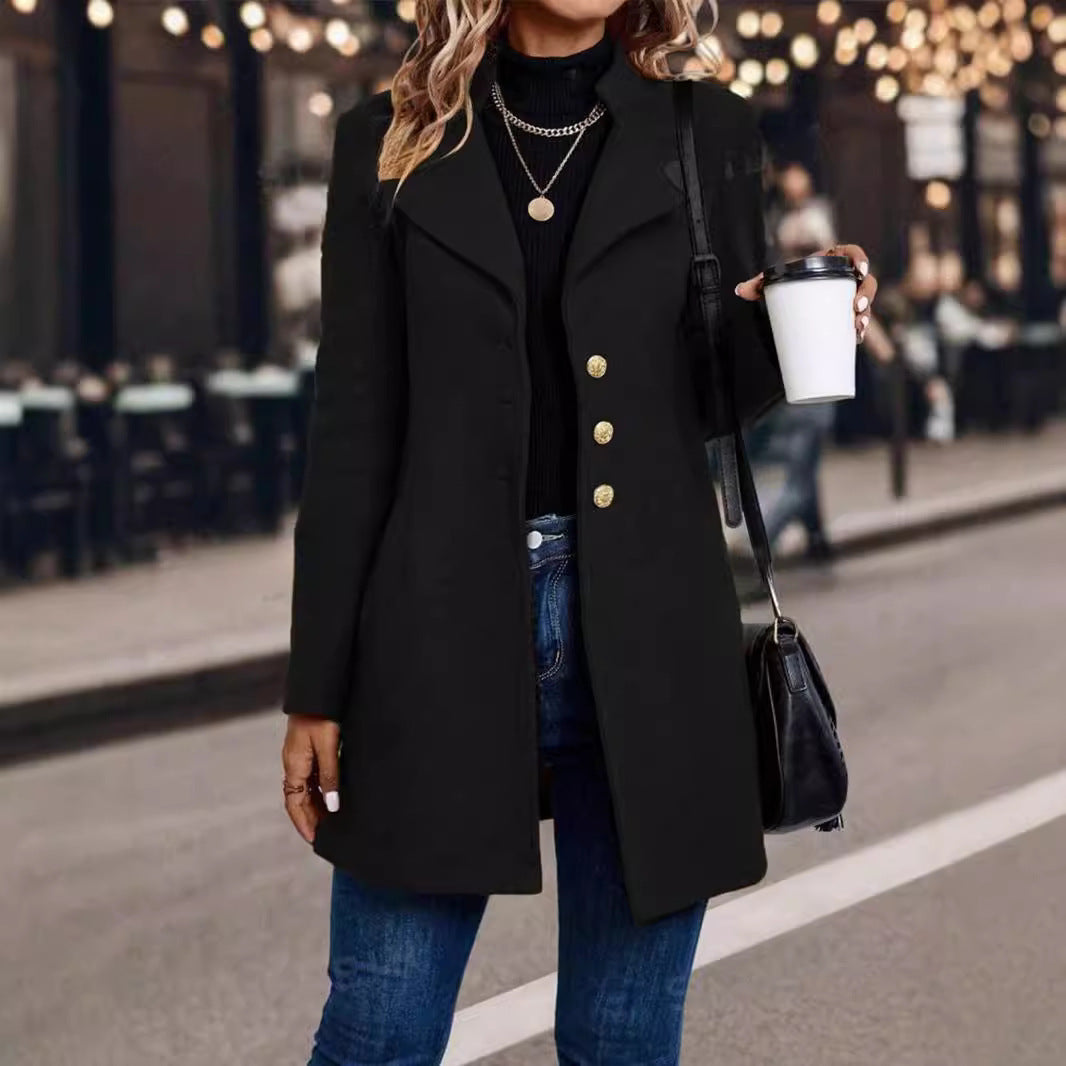 Mid-length Slim-fit Solid Color Woolen Coat With A Notched Collar For Women