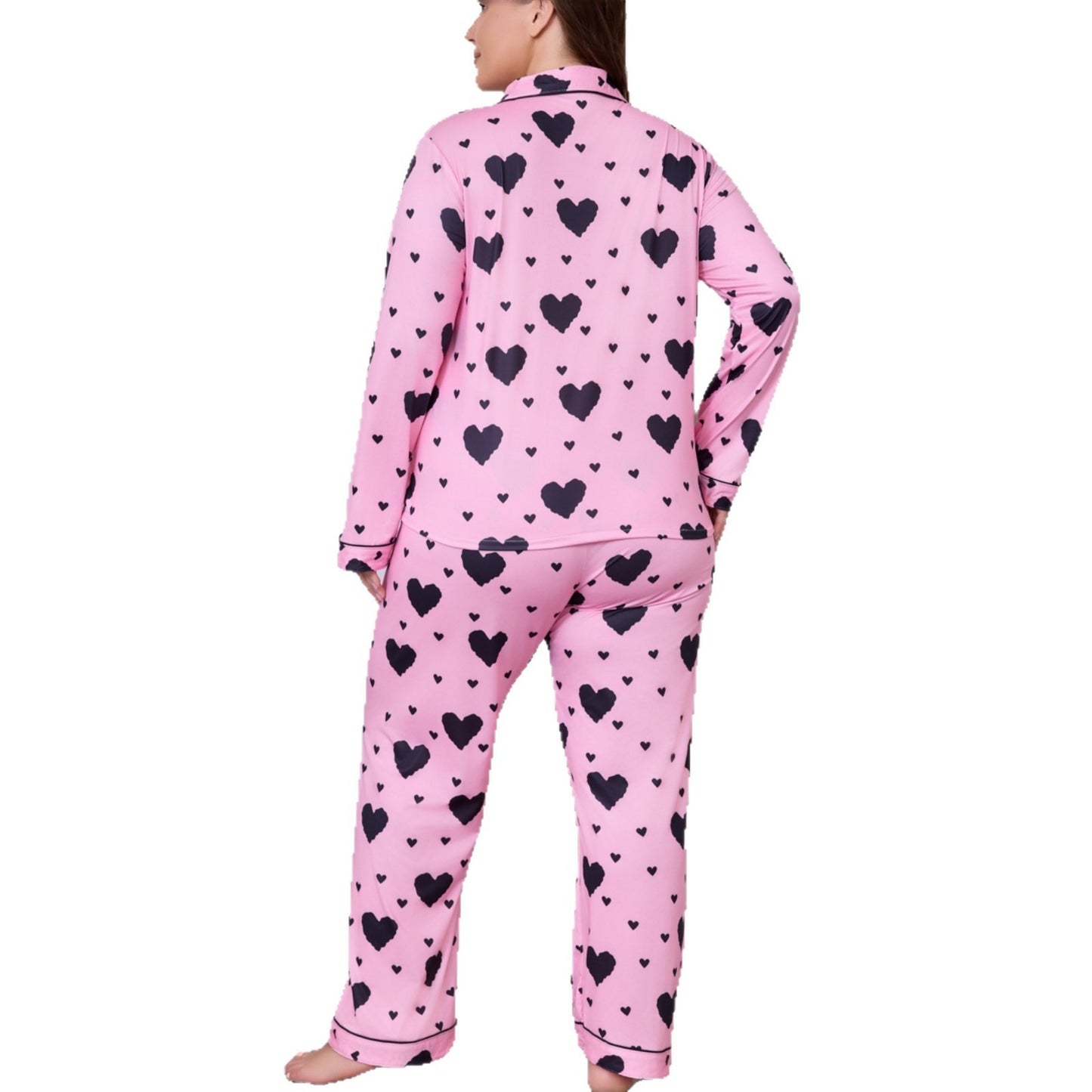 Women's Large Size Heart Cardigan Lapel Long-sleeved Trousers Pajamas Homewear Suit