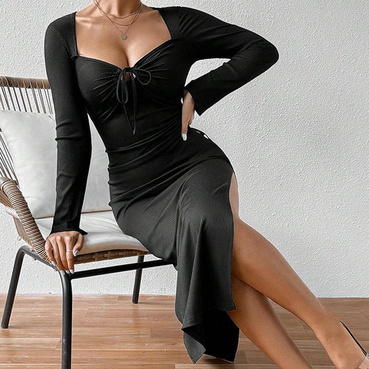 French Elegant Socialite Style Dress For Women Autumn And Winter Square Neck Sexy Slit Fitted Midi Dress