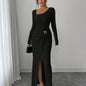 Womens Slim Fit Body Hugging Slit Neck Long Sleeve Knit Dress