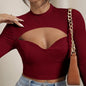 Sexy Slim-fit Hollow-out Bust Cup Short High-neck Long-sleeve Top For Women