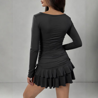 Women's Solid-Color Long-Sleeve Drawstring Fashion Short Dress