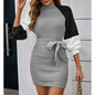 Women's Color Block Sweater Midi Dress - Fall Long Sleeve Bodycon Dress With Tie Waist