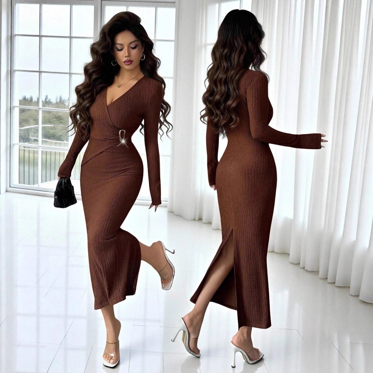 Cross-collar Knit Texture Slim-fit Slimming Dress