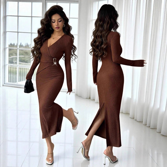 Cross-collar Knit Texture Slim-fit Slimming Dress