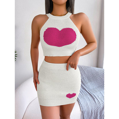 Women's 2 Piece Heart Knit Outfits Backless Halter Crop Tops & Mini Bodycon Skirt