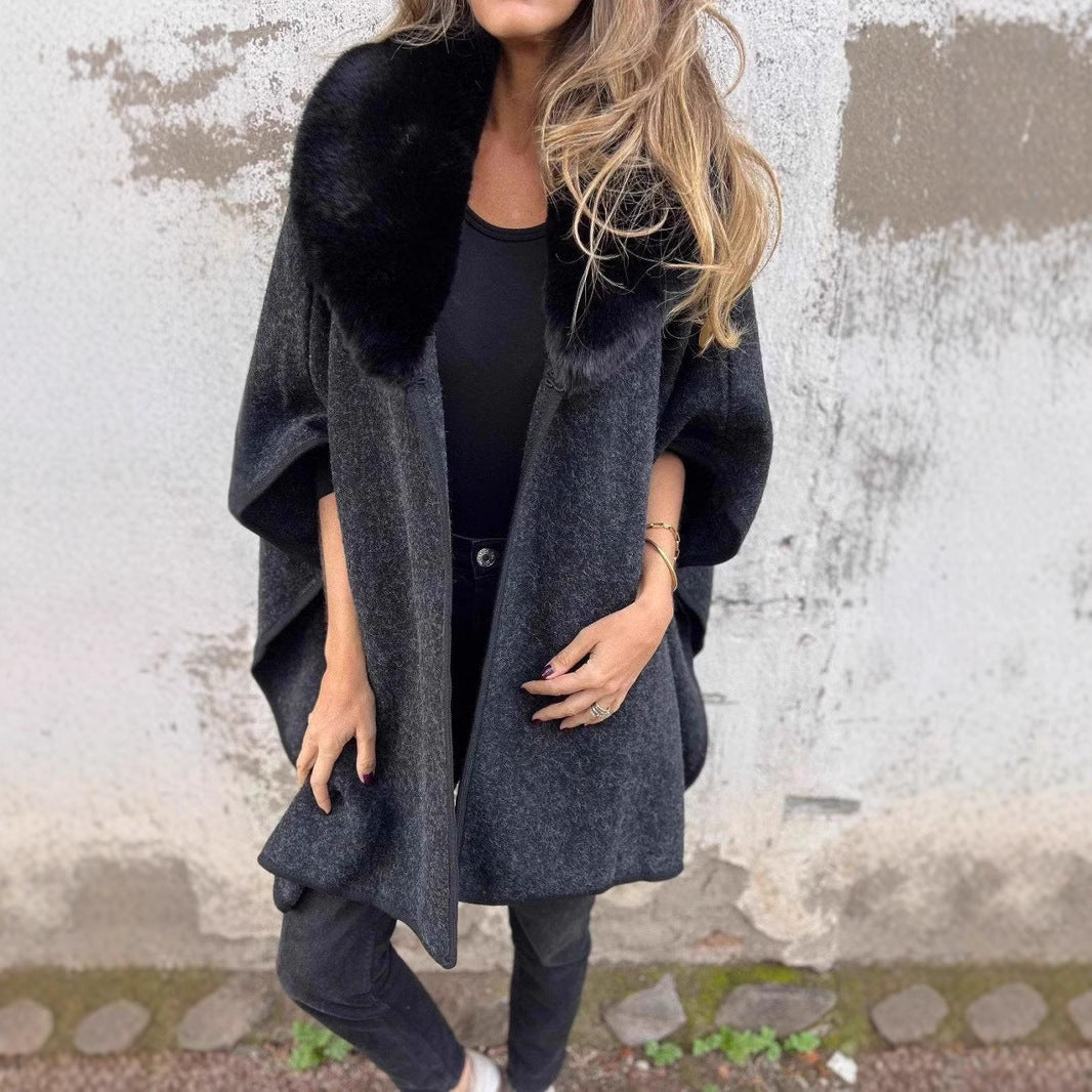 Women's Loose Long Sleeve Large Lapel Fur Collar Cape Coat