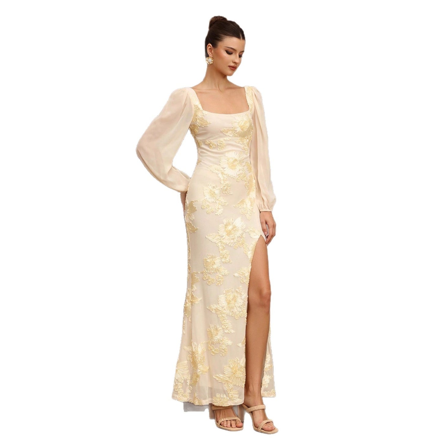 Plate Flower Embroidered Square Collar Slit Banquet Dress