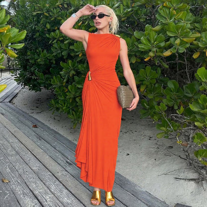 Women's Fashion Sexy Slim Metal Decoration Pleated Sleeveless Bodycon Dress