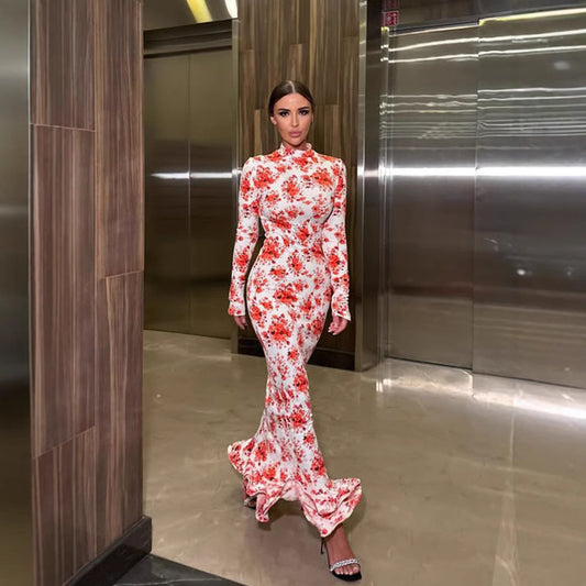 Women's Elegant Half-Neck Printed Long-Sleeve Lace-Patchwork Bodycon Dress