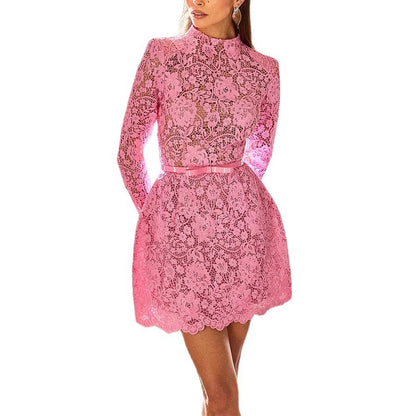 Lace Sheer Cutout Belted Slim-fit Long-sleeve Mini Dress