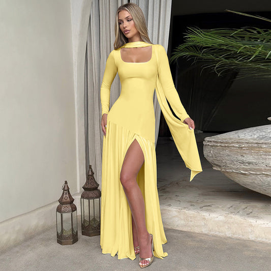Women's Fashion Sexy Pure Color Split Long Sleeve Dress