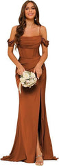 Off-the-shoulder Satin Bridesmaid Corset Ball Gown
