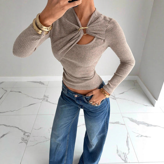 Soft Asymmetric Draped Hollow-out Metal Button Decorated Long Sleeve T-shirt