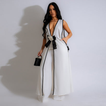Camellia Bowknot Sleeveless Long Tank Dress And Wide Leg Pants Set