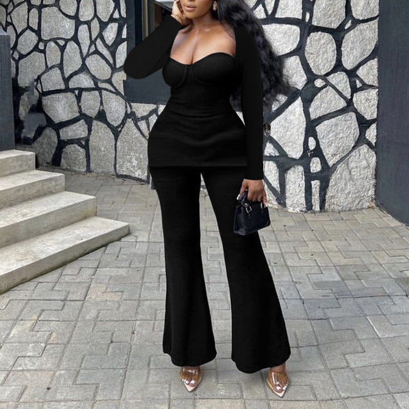 Backless Top And Long Pants Two-piece Solid Color Set