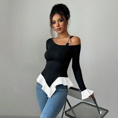 Black One-shoulder Strap Metal Ring Buckle Embellished With Ruffled Hem Top For Women