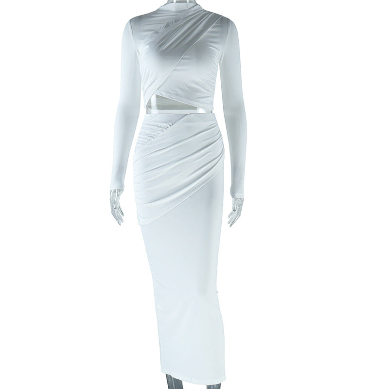 Round-neck Irregular Long-sleeved Crop Top Casual Skirt Two-piece Set