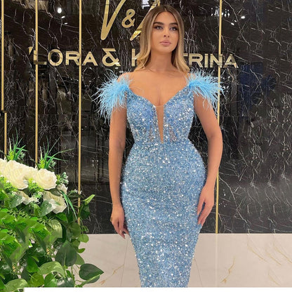 Deep V Sequined Sexy Feather Sequins Sleeveless Formal Dress