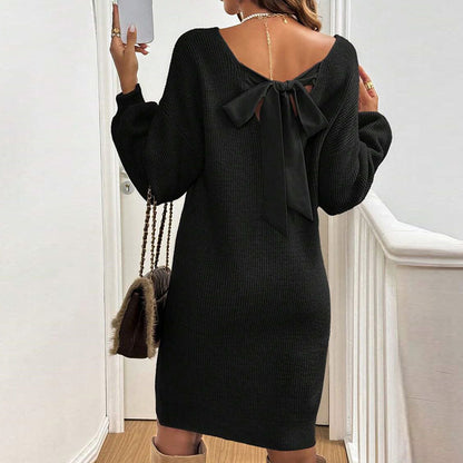 Loose Knitted V-neck Bow Long Sleeve All-matching Pullover Woolen Skirt