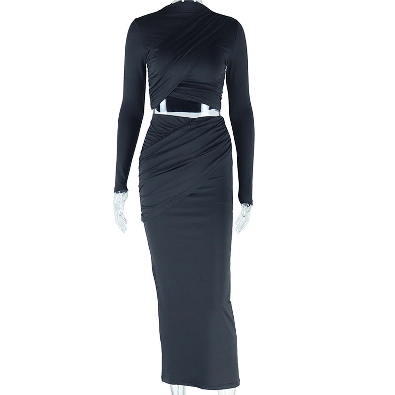 Round-neck Irregular Long-sleeved Crop Top Casual Skirt Two-piece Set