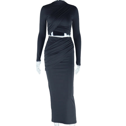 Round-neck Irregular Long-sleeved Crop Top Casual Skirt Two-piece Set