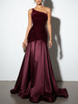 Womens Solid-Color Velvet Patchwork Evening Dress