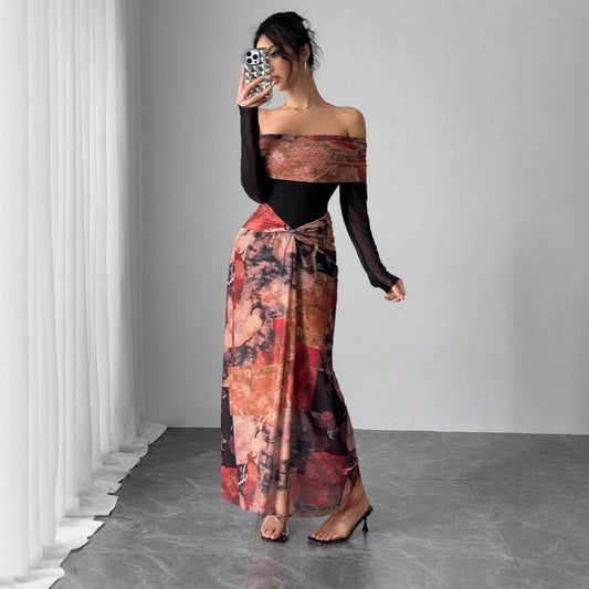 French One-shoulder Swing Collar Printed Mesh Dress