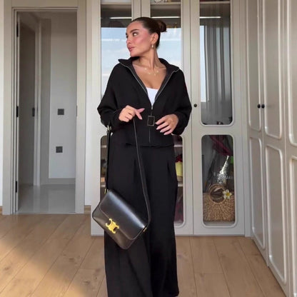 Women's Polo Collar Solid Color Waist Slimming Wide Leg Pants Suit