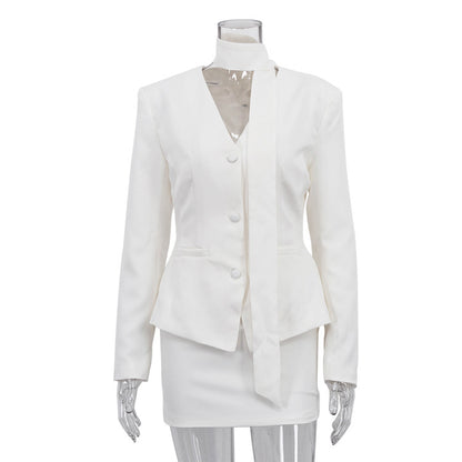 Turtleneck V-neck Long-sleeve Waist-cinching Suit Jacket And Sheath Skirt Two-piece Set