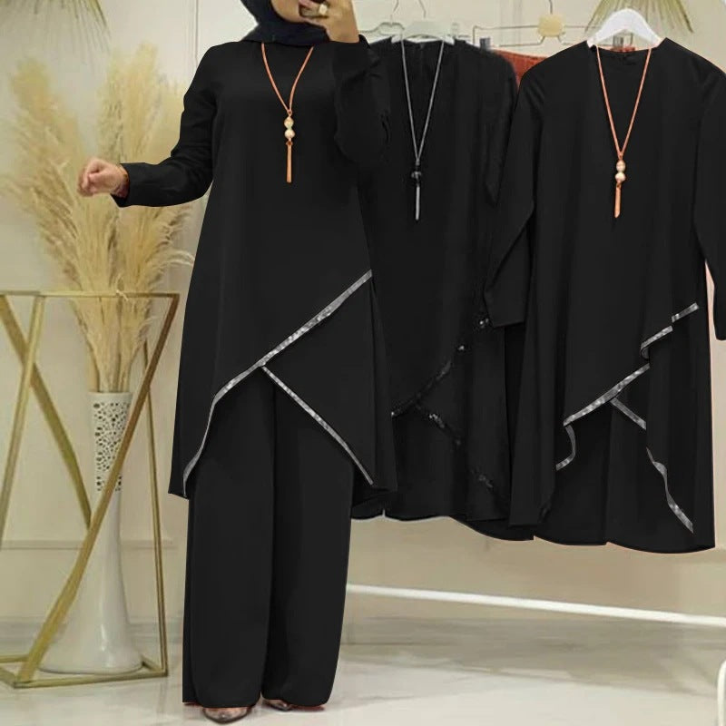 O-collar Long Sleeve Shirt Wide Leg Pants Suit Casual Women's Suit