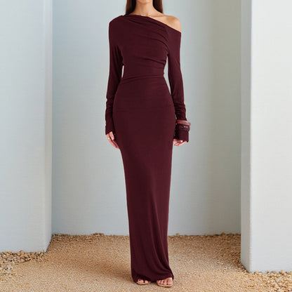 Oblique Shoulder Sexy Backless Long Sleeve Slim Dress Women Ins